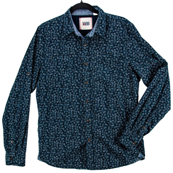 Floral Button-Up Chambray Trim – Men’s Medium Long Sleeve Casual | Vintage Red - Picture 1 of 12